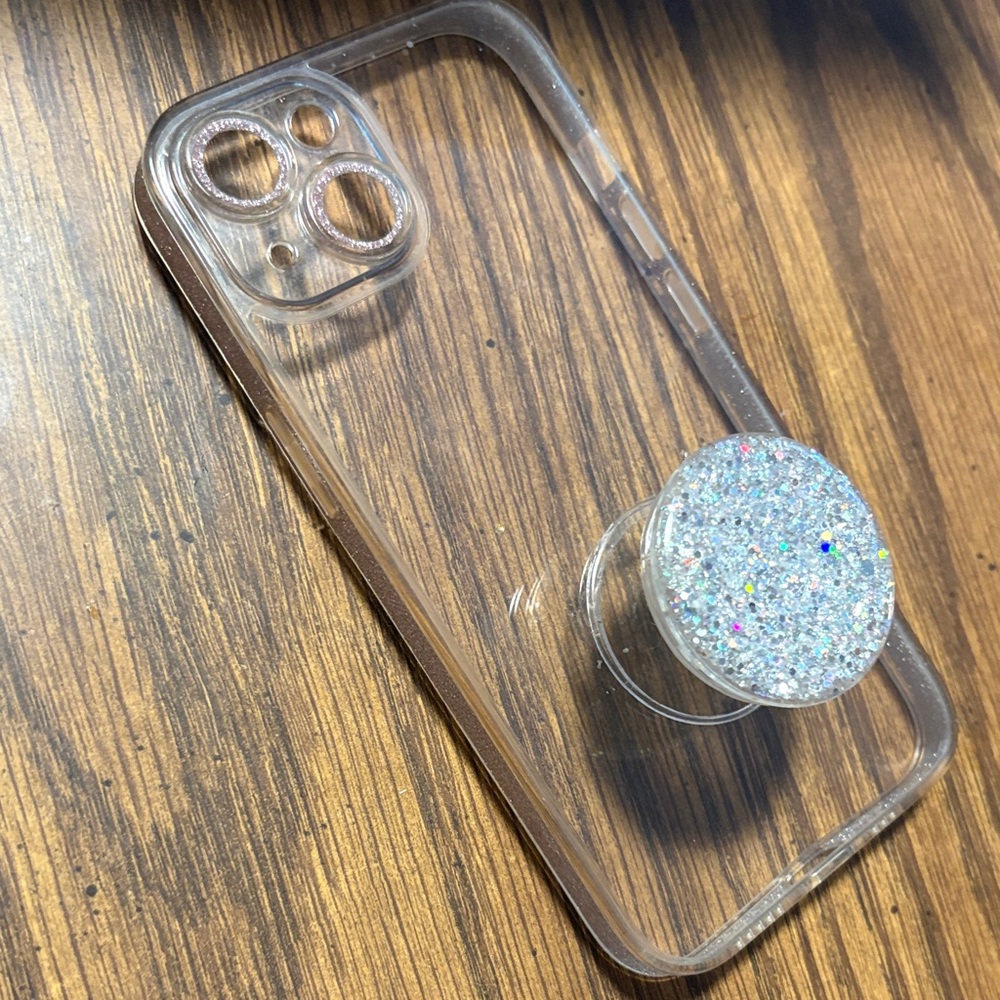iPhone 14 Clear Glitter Phone Case with pop socket - Picture 2 of 3